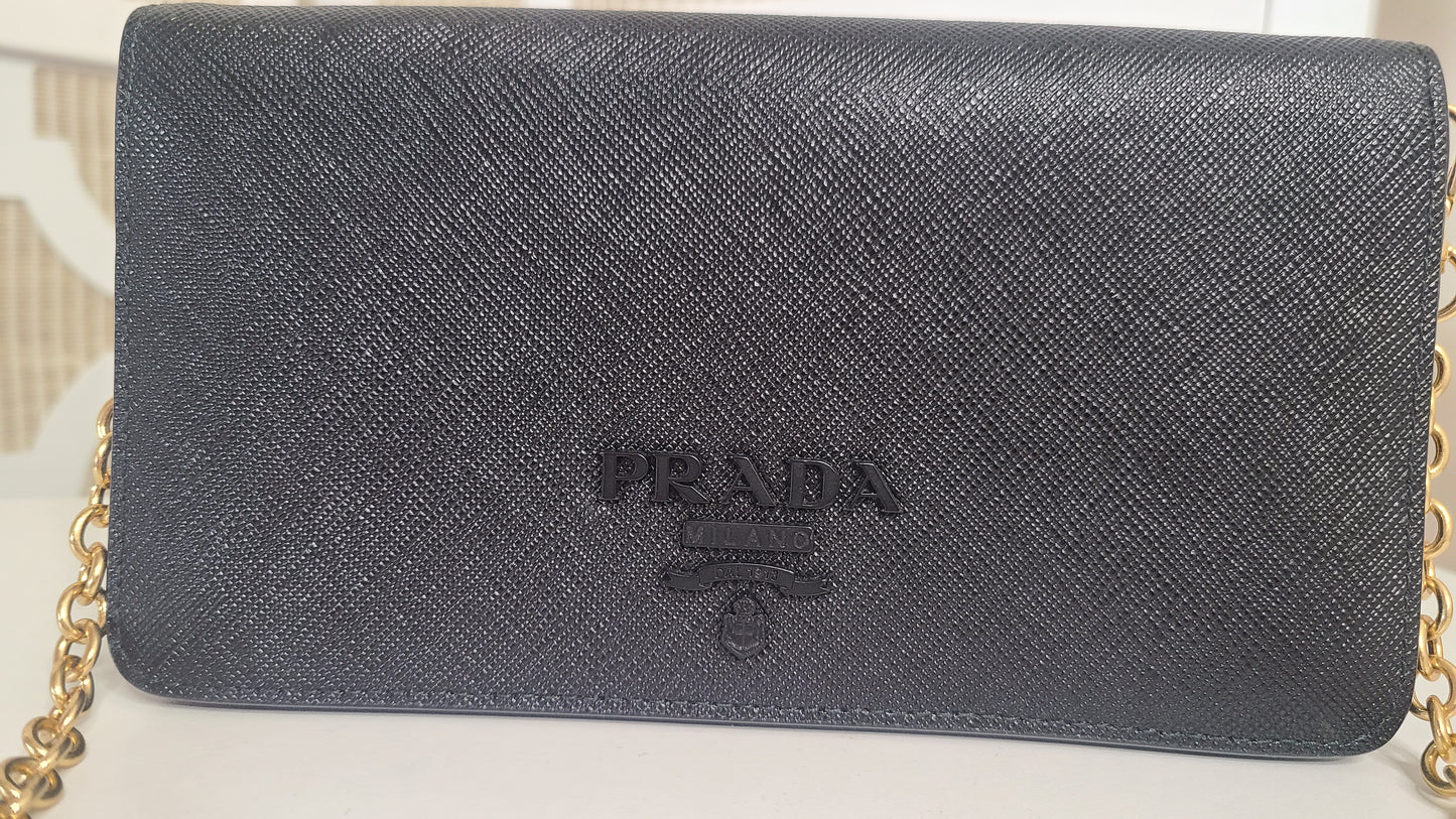 Prada Black Saffiano Leather Crossbody Bag with Monochrome Logo- Modern