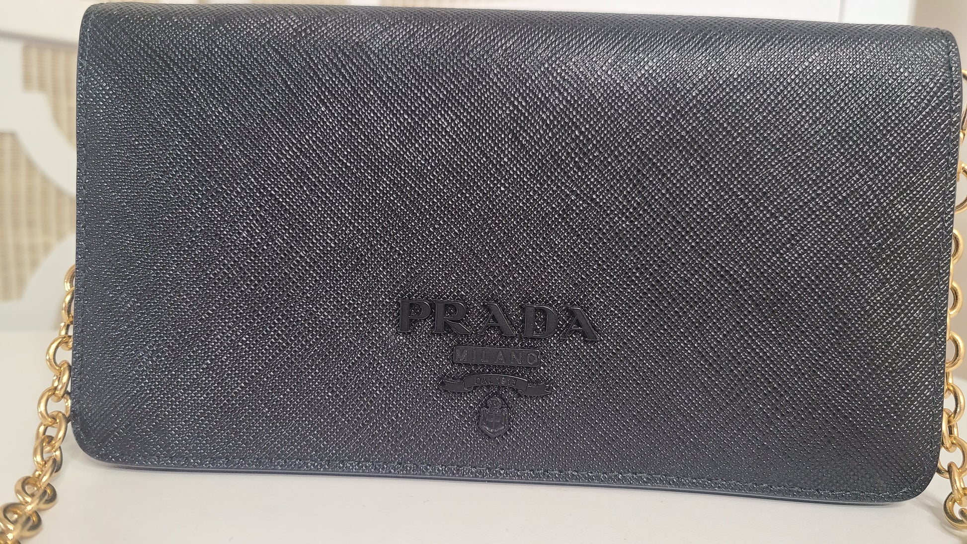 PRADA Saffiano Leather Wallet on Chain Clutch Crossbody Bag Black
